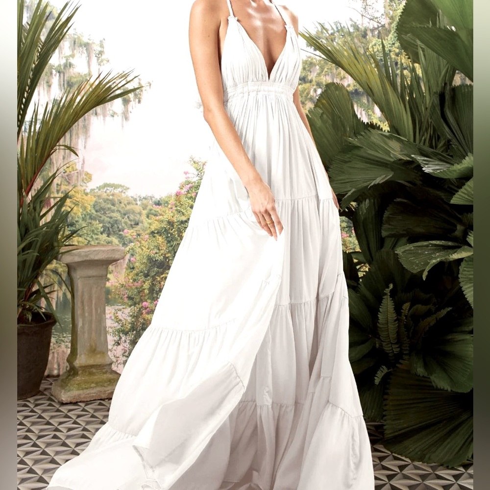 Erika Peña Lola Bohemian Halter Maxi Dress white braided fringe flowing beach